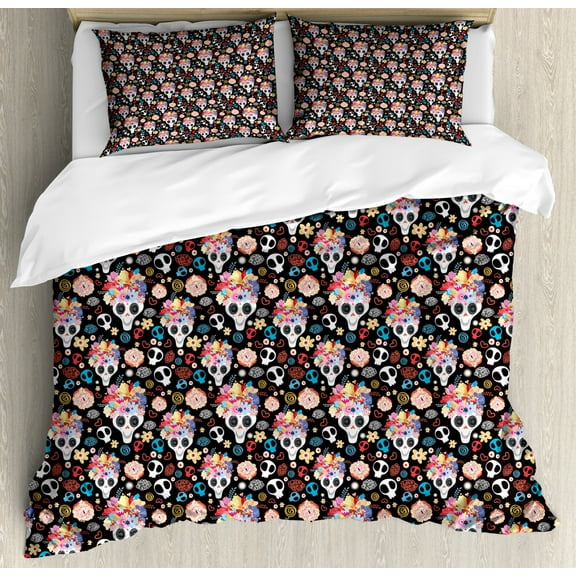 Sugar Skull Queen Size Duvet Cover Set, Funky and Festive Mexican Pattern with Spooky Skulls Floral Wreaths Hearts, Decorative 3 Piece Bedding Set with 2 Pillow Shams, Multicolor, by Ambesonne