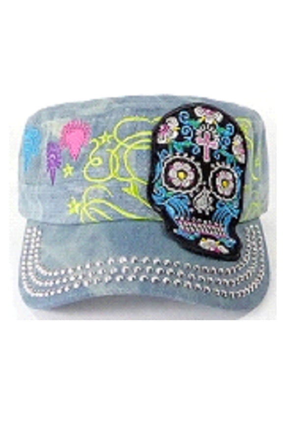 Sugar Skull Rhinestone Women's Cadet Cap Light Splash Denim - OS