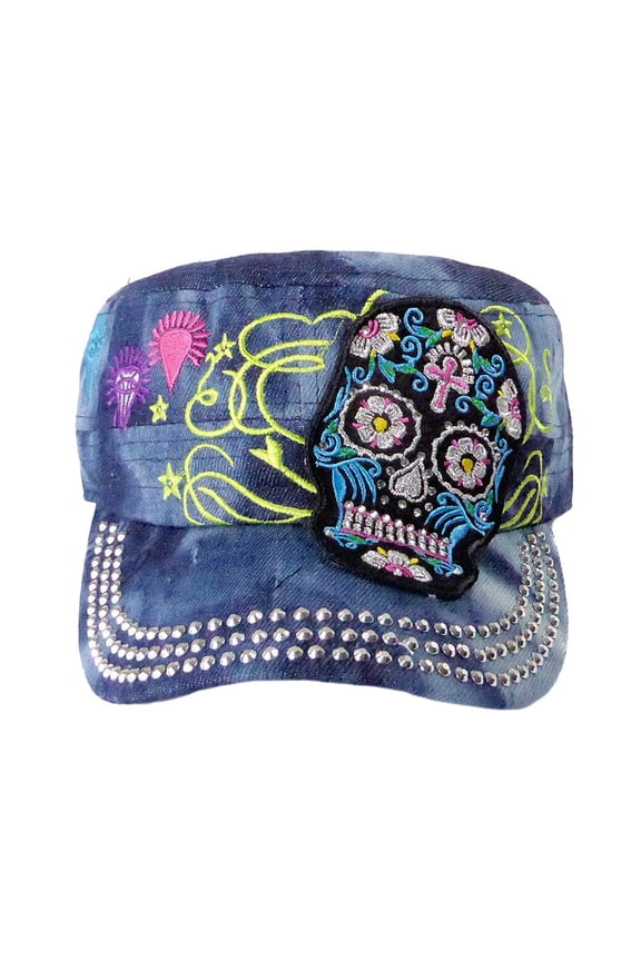 Sugar Skull Rhinestone Women's Dark Splash Denim Cadet Cap