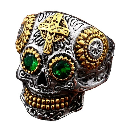 Sugar Skull Ring Cool Punk Jewelry Cross Green Gem Eye Skull Rings for Men (10)