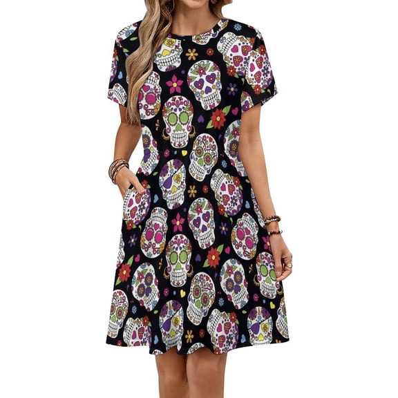 Sugar Skull Roses Designs Dress Summer Street Style Dresses Female Short Sleeve Printed Sundress
