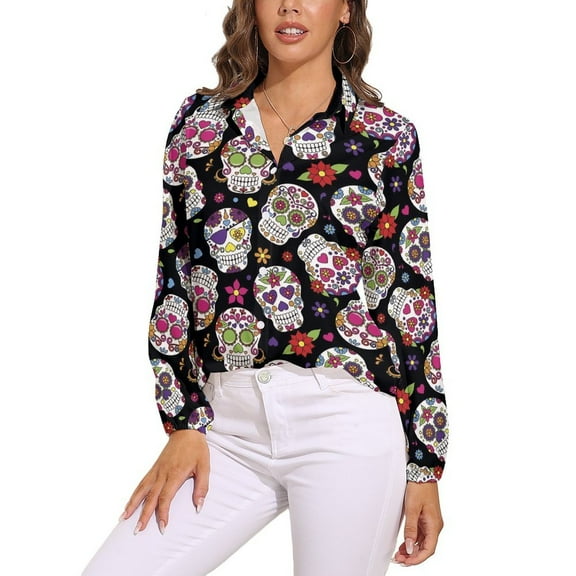 Sugar Skull Roses Designs Long Sleeve Blouse Woman Streetwear Casual Shirts Summer Oversize Woman Streetwear Clothing Birthday Present