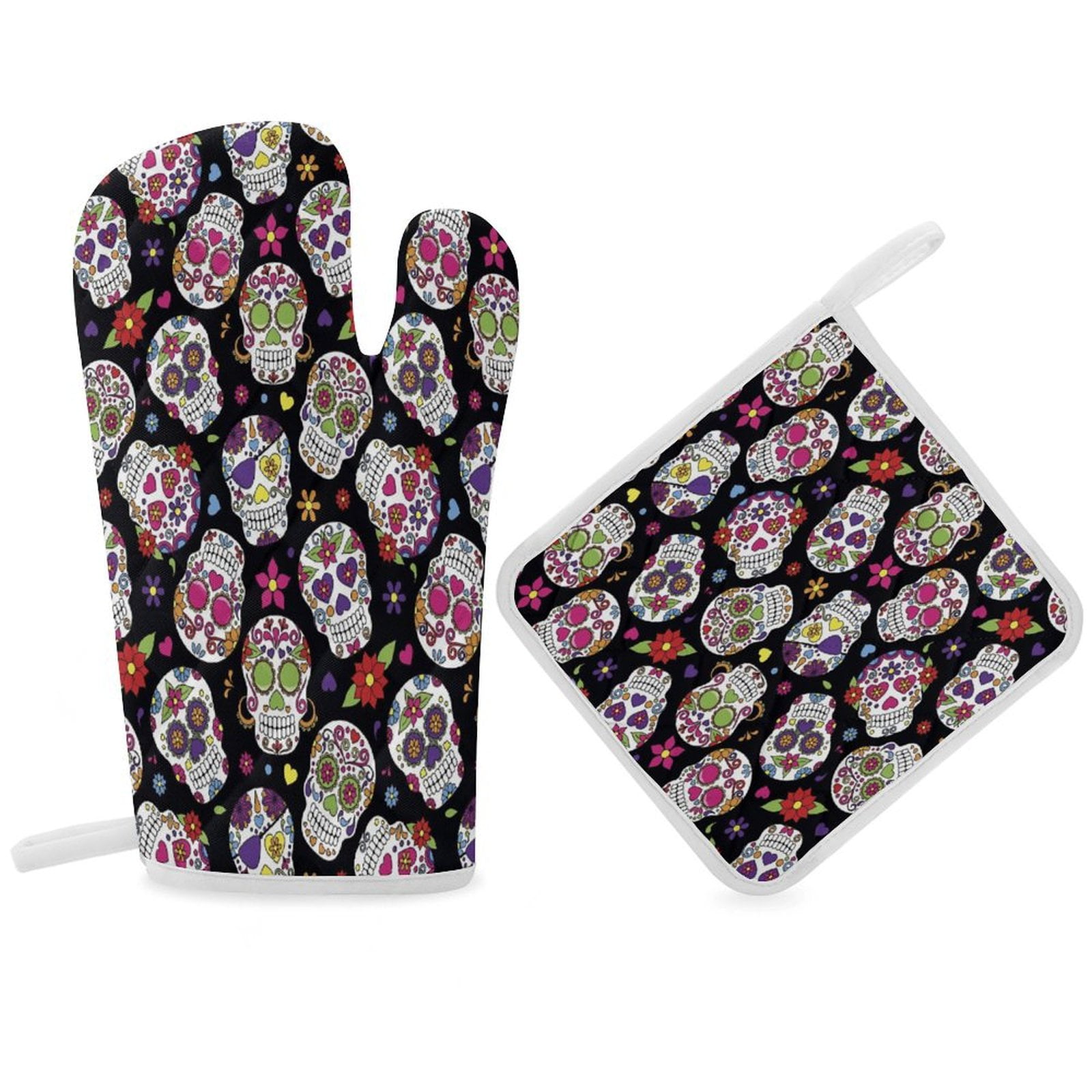 Sugar Skull Roses Designs Oven Gloves And Pots Stand Set Oven Gloves ...