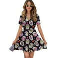 thumbnail image 1 of Sugar Skull Roses Designs Women Dress V-Neck Short Sleeve Flowy Swing Party Midi Dress, 1 of 4