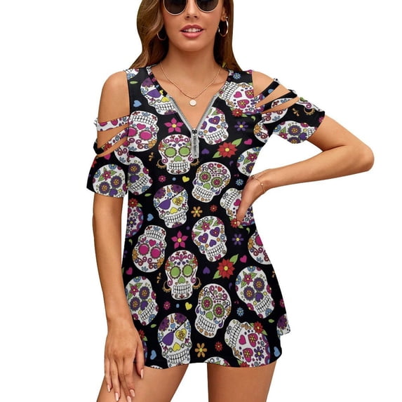Sugar Skull Roses Designs Womens Summer V Neck Zipper Top Short Sleeve T Shirt Off Shoulder Top Casual Classy Loose Shirts