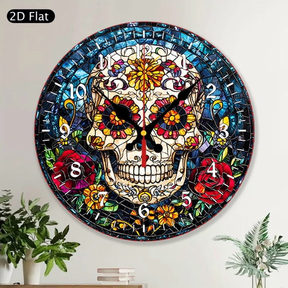 Sugar Skull Round Wall Clock, Colorful MDF Wood Day of the Dead Home Decor Art, Dia de los Muertos Halloween Decoration