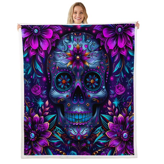 Sugar Skull Sherpa Blanket Throw 50"X60",Gothic Skeleton Bones Fleece Blanket Teens Bedroom Decor,Goth Skeleton Decorations Throw Blanket,Bohemian Decor Plush Bed Blanket,Purple