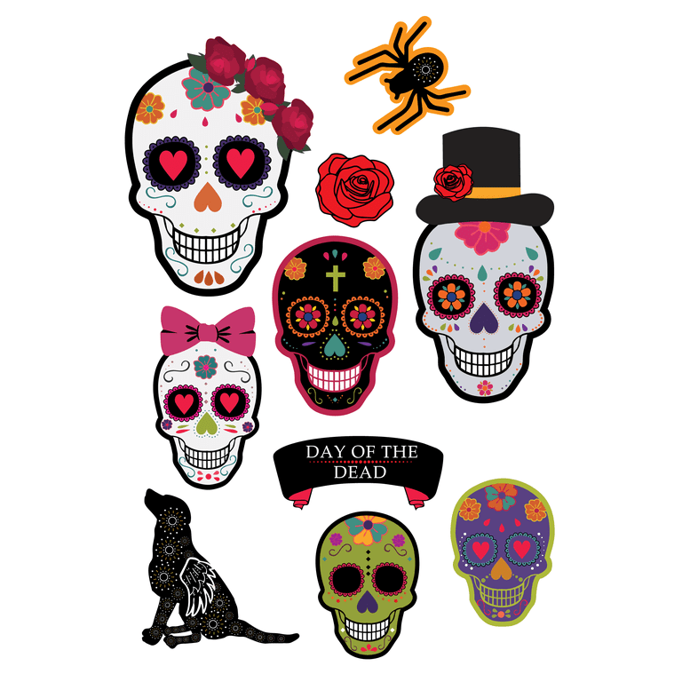 Sugar Skull Shop Day of The Dead Party Decorations Skulls in 6 Different Sizes Rose Spider Dog 10 Cutouts