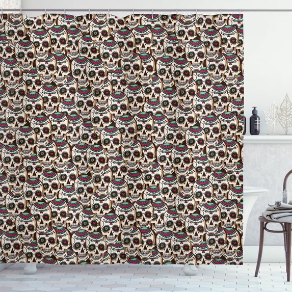 Sugar Skull Shower Curtain, Continuous Pattern with Jumbled and Overlapped Skulls Ornamented with Flowers, Fabric Bathroom Set with Hooks, 69W X 84L Inches Extra Long, Multicolor, by Ambesonne