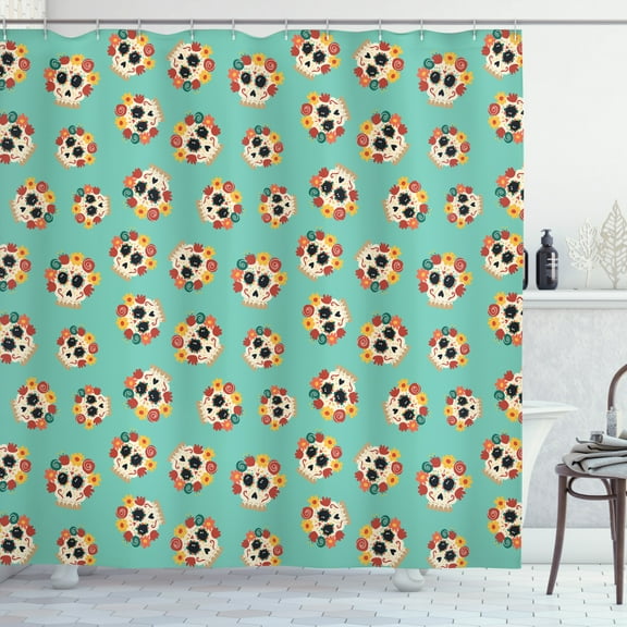 Sugar Skull Shower Curtain, Latin American Culture and Tradition Theme Skulls with Flowers, Fabric Bathroom Set with Hooks, 69W X 75L Inches Long, Turquoise and Multicolor, by Ambesonne