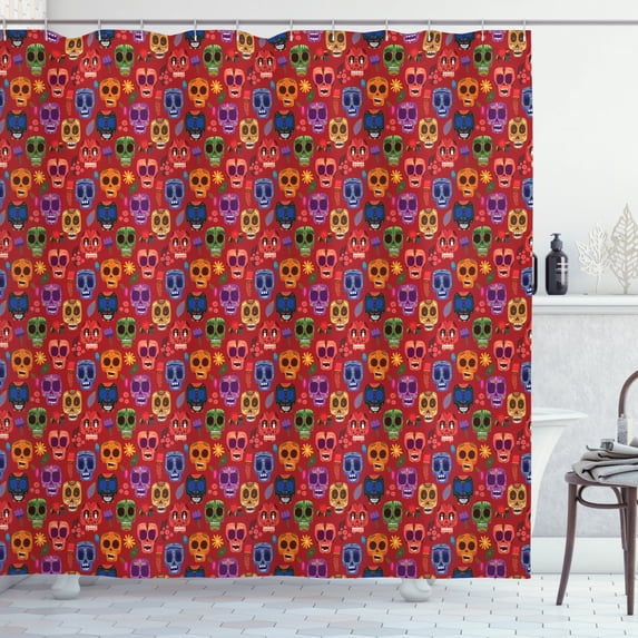 Sugar Skull Shower Curtain, Mexican Traditional Day of the Dead Pattern Macabre Symbols on Red Backdrop, Fabric Bathroom Set with Hooks, 69W X 84L Inches Extra Long, Multicolor, by Ambesonne