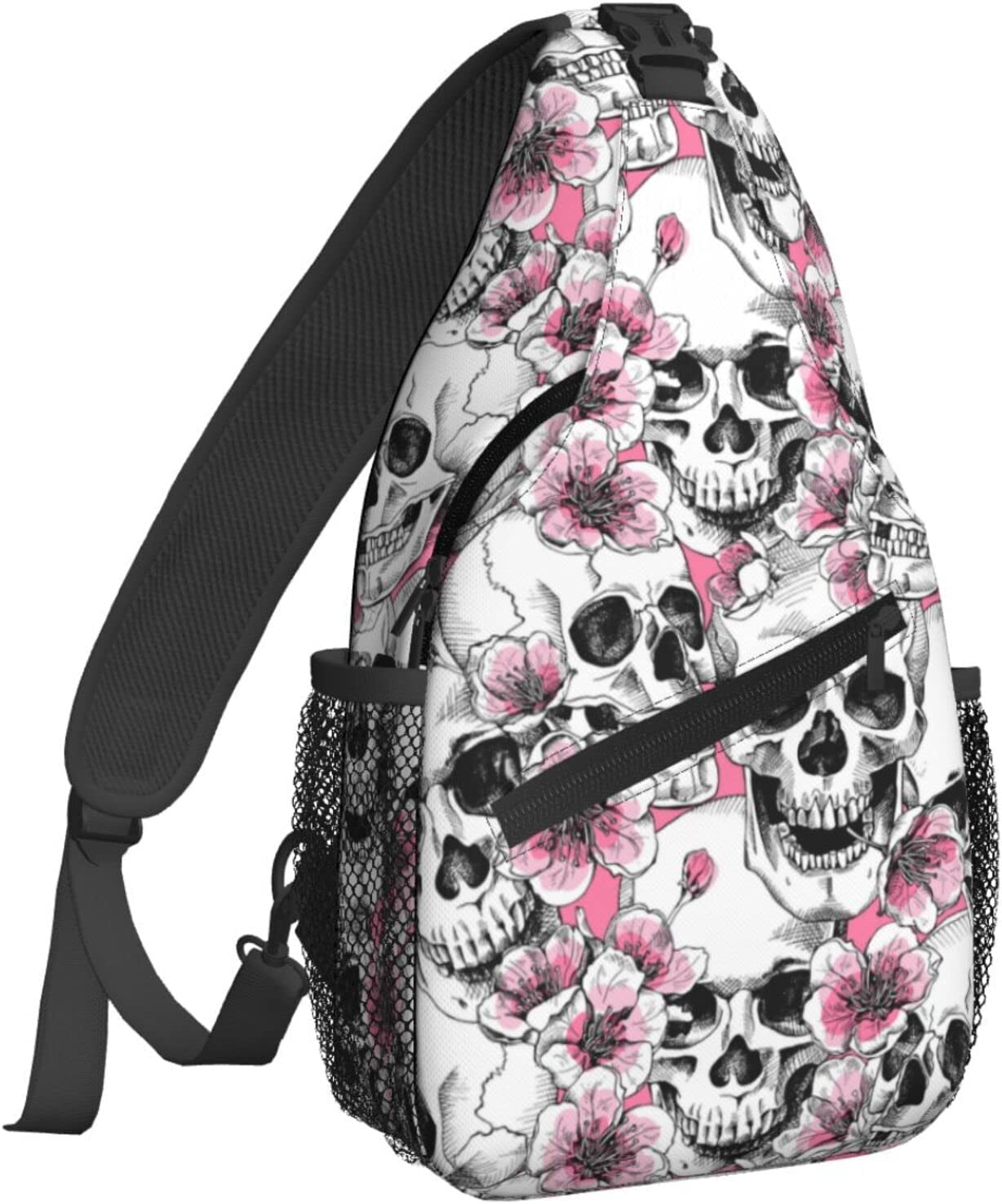 Sugar Skull Skeleton Flower Pink Sling Backpack Chest Bag Crossbody