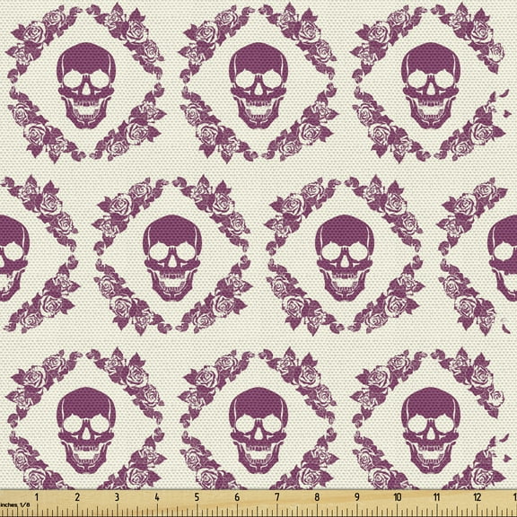 Ambesonne Sugar Skull Fabric by the Yard Upholstery, Maroon Motif Flowers, 2 Yards, Fuchsia Cream
