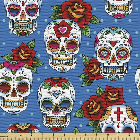 Ambesonne Sugar Skull Fabric by the Yard Upholstery, Mexican Retro Dots, 10 Yards, Multicolor