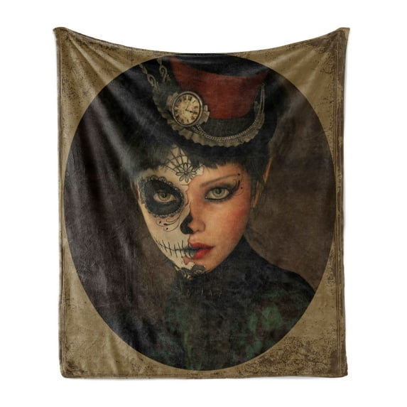 Sugar Skull Soft Flannel Fleece Blanket, Antique Portrait Girl with Calavera Inspired Makeup and Topper Realistic Design, Cozy Plush for Indoor and Outdoor Use, 50" x 70", Multicolor, by Ambesonne
