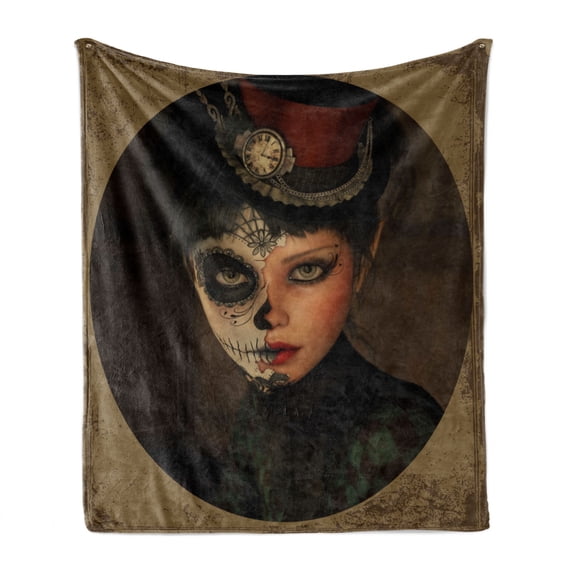 Sugar Skull Soft Flannel Fleece Blanket, Antique Portrait Girl with Calavera Inspired Makeup and Topper Realistic Design, Cozy Plush for Indoor and Outdoor Use, 60" x 80", Multicolor, by Ambesonne