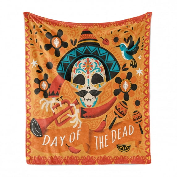 Sugar Skull Soft Flannel Fleece Blanket, Day of the Dead Celebration Trumpet Player Maracas Bird Flowers Chili Peppers, Cozy Plush for Indoor and Outdoor Use, 70" x 90", Multicolor, by Ambesonne