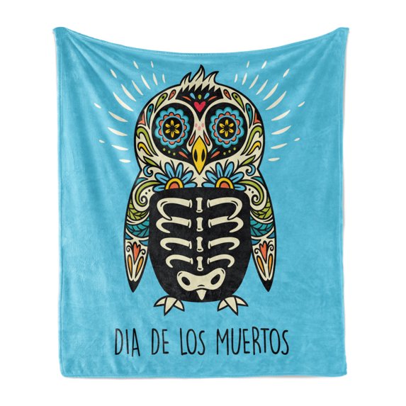 Sugar Skull Soft Flannel Fleece Blanket, Folkloric Penguin Illustration Dead Skeleton Animal with Colorful Floral Motifs, Cozy Plush for Indoor and Outdoor Use, 70" x 90", Multicolor, by Ambesonne