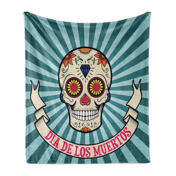 Sugar Skull Soft Flannel Fleece Blanket, Graphic Sugar Skull Ornamented with Diamond Leaf and Heart Shapes for Carnival, Cozy Plush for Indoor and Outdoor Use, 70" x 90", Multicolor, by Ambesonne