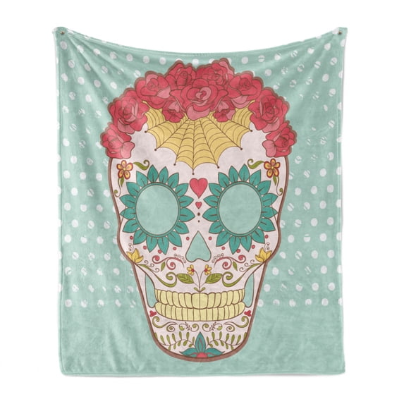 Sugar Skull Soft Flannel Fleece Blanket, Image of Lady Sugar Skull Ornamented with Floral Wreath and Spider Web Motifs, Cozy Plush for Indoor and Outdoor Use, 60" x 80", Multicolor, by Ambesonne