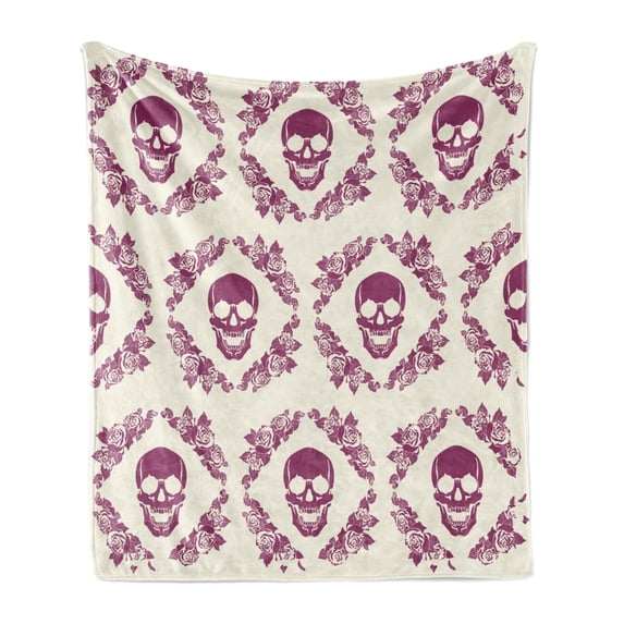 Sugar Skull Soft Flannel Fleece Blanket, Monochrome Style Calavera Inspired Surround by Circular Floral Wreath Print, Cozy Plush for Indoor and Outdoor Use, 60" x 80", Fuchsia Cream, by Ambesonne