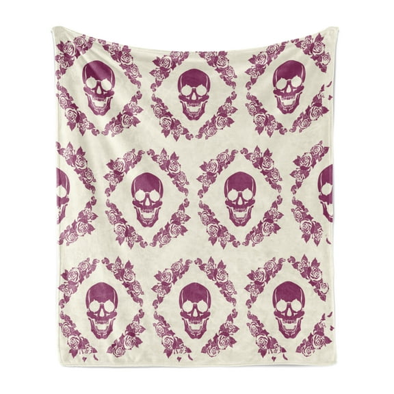 Sugar Skull Soft Flannel Fleece Blanket, Monochrome Style Calavera Inspired Surround by Circular Floral Wreath Print, Cozy Plush for Indoor and Outdoor Use, 70" x 90", Fuchsia Cream, by Ambesonne