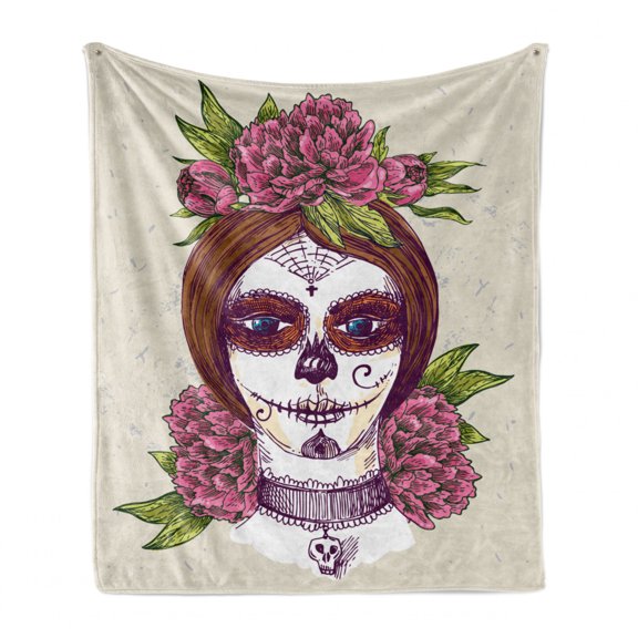 Sugar Skull Soft Flannel Fleece Blanket, Portrait of a Young Girl with Gothic Day of the Dead Makeup Ink Painting Style, Cozy Plush for Indoor and Outdoor Use, 50" x 70", Multicolor, by Ambesonne
