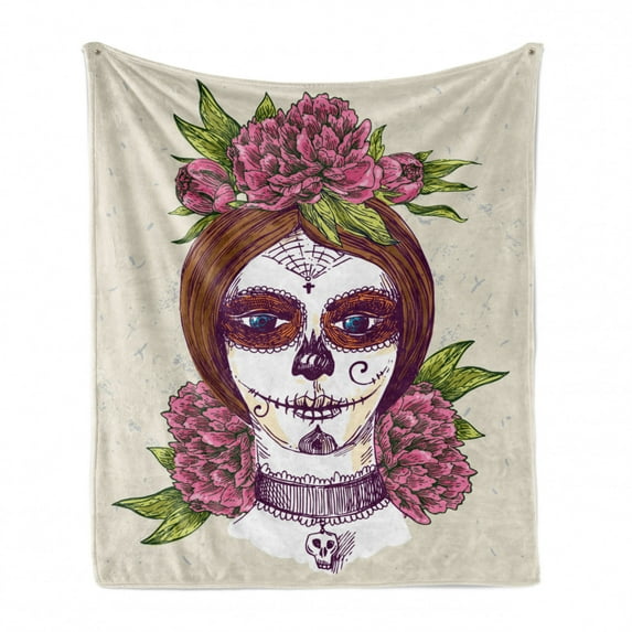 Sugar Skull Soft Flannel Fleece Blanket, Portrait of a Young Girl with Gothic Day of the Dead Makeup Ink Painting Style, Cozy Plush for Indoor and Outdoor Use, 50" x 70", Multicolor, by Ambesonne
