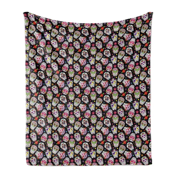 Sugar Skull Soft Flannel Fleece Throw Blanket, All Souls Day Floral Colorful Sugar Skulls Flowers on Dark Background Print, Cozy Plush for Indoor and Outdoor Use, 60" x 80", Multicolor, by Ambesonne