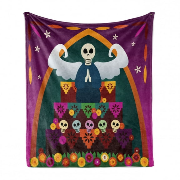 Sugar Skull Soft Flannel Fleece Throw Blanket, Angel Head on top of Altar to Celebrate Dia de los Muertos, Cozy Plush for Indoor and Outdoor Use, 60" x 80", Multicolor, by Ambesonne