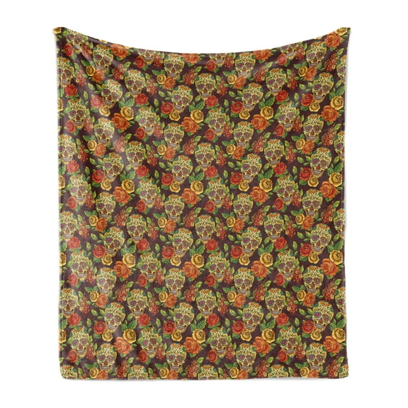 Sugar Skull Soft Flannel Fleece Throw Blanket, Autumn Colored Flowers and Leaves Patterns in Smily Head Bones, Cozy Plush for Indoor and Outdoor Use, 50" x 70", Pale Green Yellow Orange, by Ambesonne