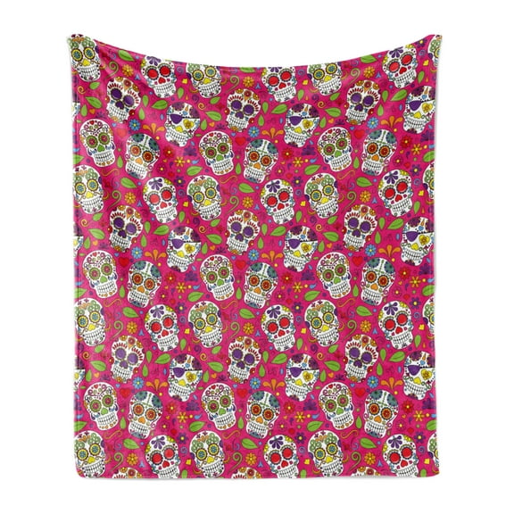 Sugar Skull Soft Flannel Fleece Throw Blanket, Colorful Skulls Leaves Motifs Pirate Cemetery Graveyard Traditional, Cozy Plush for Indoor and Outdoor Use, 60" x 80", Multicolor, by Ambesonne