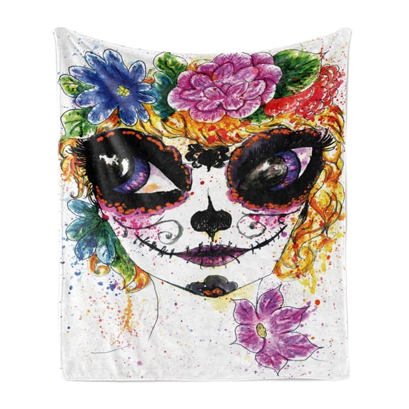 Sugar Skull Soft Flannel Fleece Throw Blanket, Cultural Celebration Mexican Traditional Make Girl Face in Watercolors Art, Cozy Plush for Indoor and Outdoor Use, 70" x 90", Multicolor, by Ambesonne