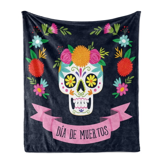 Sugar Skull Soft Flannel Fleece Throw Blanket, Day of Deadme Colorful Skull with a Floral Wreath, Cozy Plush for Indoor and Outdoor Use, 70" x 90", Navy Blue and Multicolor, by Ambesonne