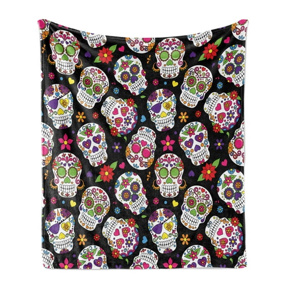 Sugar Skull Soft Flannel Fleece Throw Blanket, Graveyard Mexico Design on Black Backdrop Print, Cozy Plush for Indoor and Outdoor Use, 70" x 90", Multicolor, by Ambesonne