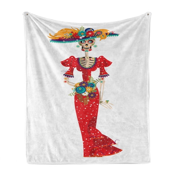 Sugar Skull Soft Flannel Fleece Throw Blanket, Hispanic Holiday for Cinco de Mayo Calavera Catrina in Vintage Clothes, Cozy Plush for Indoor and Outdoor Use, 50" x 60", Multicolor, by Ambesonne