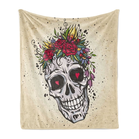 Sugar Skull Soft Flannel Fleece Throw Blanket, Human Skull with Wreath of Roses and Wild Flowers Hearts in Boho Form Design, Cozy Plush for Indoor and Outdoor Use, 50" x 60", Multicolor, by Ambesonne