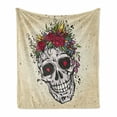 thumbnail image 1 of Sugar Skull Soft Flannel Fleece Throw Blanket, Human Skull with Wreath of Roses and Wild Flowers Hearts in Boho Form Design, Cozy Plush for Indoor and Outdoor Use, 60" x 80", Multicolor, by Ambesonne, 1 of 6