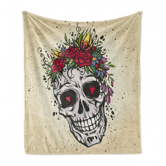 Sugar Skull Soft Flannel Fleece Throw Blanket, Human Skull with Wreath of Roses and Wild Flowers Hearts in Boho Form Design, Cozy Plush for Indoor and Outdoor Use, 60" x 80", Multicolor, by Ambesonne