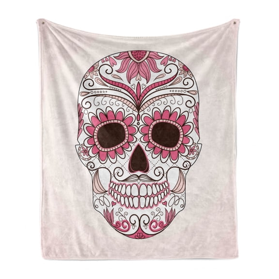 Sugar Skull Soft Flannel Fleece Throw Blanket, Mexican Ornaments Calavera Catrina Inspired Folkloric Art Macabre, Cozy Plush for Indoor and Outdoor Use, 50" x 70", Pink Pale Pink White, by Ambesonne