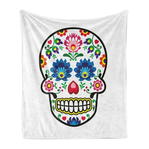 Sugar Skull Soft Flannel Fleece Throw Blanket, Polish Folkloric Art Style Mexican Sugar Skull Design Carnival Theme, Cozy Plush for Indoor and Outdoor Use, 70" x 90", Multicolor, by Ambesonne