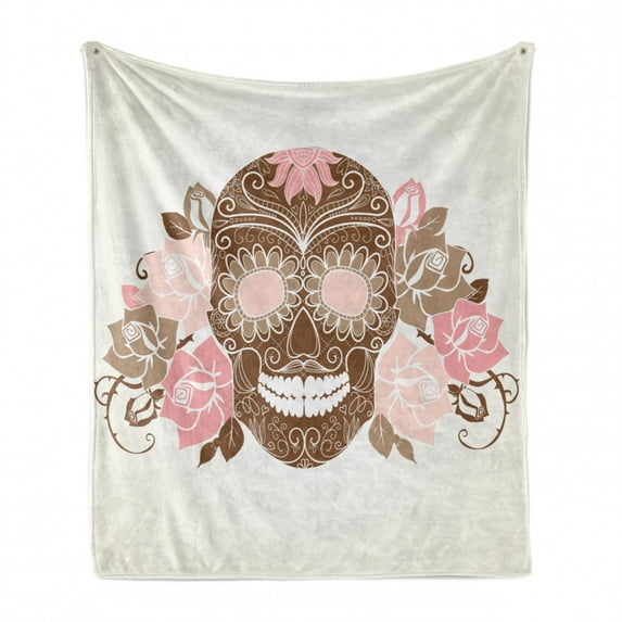 Sugar Skull Soft Flannel Fleece Throw Blanket, Sugar Skull with Roses and Thorns in Pastel Colors, Cozy Plush for Indoor and Outdoor Use, 70" x 90", Warm Taupe Chocolate, by Ambesonne