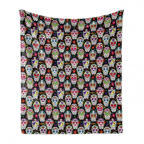 Sugar Skull Soft Flannel Fleece Throw Blanket, Skeleton Theme Day of the Dead Sugar Skull Pattern with Different Ornaments, Cozy Plush for Indoor and Outdoor Use, 50" x 60", Multicolor, by Ambesonne