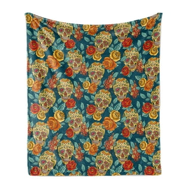 Sugar Skull Soft Flannel Fleece Throw Blanket, Skulls Diamond Shapes in Eyes Roses Bouquets Colorful Pattern Print, Cozy Plush for Indoor and Outdoor Use, 50" x 70", Multicolor, by Ambesonne