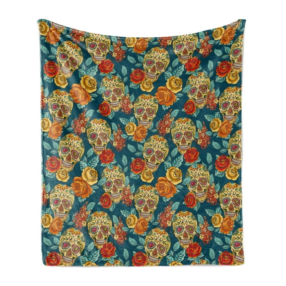 Sugar Skull Soft Flannel Fleece Throw Blanket, Skulls Diamond Shapes in Eyes Roses Bouquets Colorful Pattern Print, Cozy Plush for Indoor and Outdoor Use, 60" x 80", Multicolor, by Ambesonne