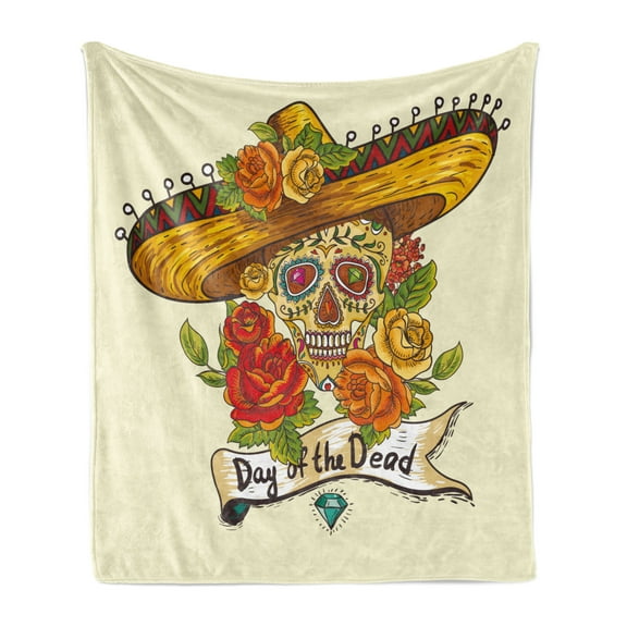 Sugar Skull Soft Flannel Fleece Throw Blanket, Skull in a Sombrero Traditional Mexican Culture Theme Roses Day of the Dead, Cozy Plush for Indoor and Outdoor Use, 50" x 60", Multicolor, by Ambesonne