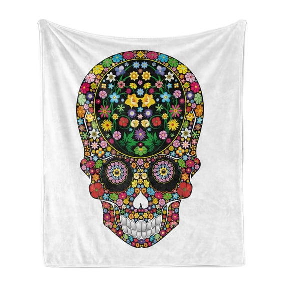 Sugar Skull Soft Flannel Fleece Throw Blanket, Springtime Garden Wild Blossoms Vegetation Calavera Inspiration Human Death, Cozy Plush for Indoor and Outdoor Use, 70" x 90", Multicolor, by Ambesonne