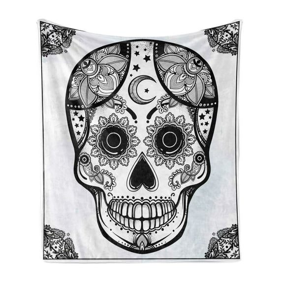 Sugar Skull Soft Flannel Fleece Throw Blanket, Vintage Style Hispanic Folklore Art All Saints Holiday Mascot, Cozy Plush for Indoor and Outdoor Use, 70" x 90", White and Black, by Ambesonne