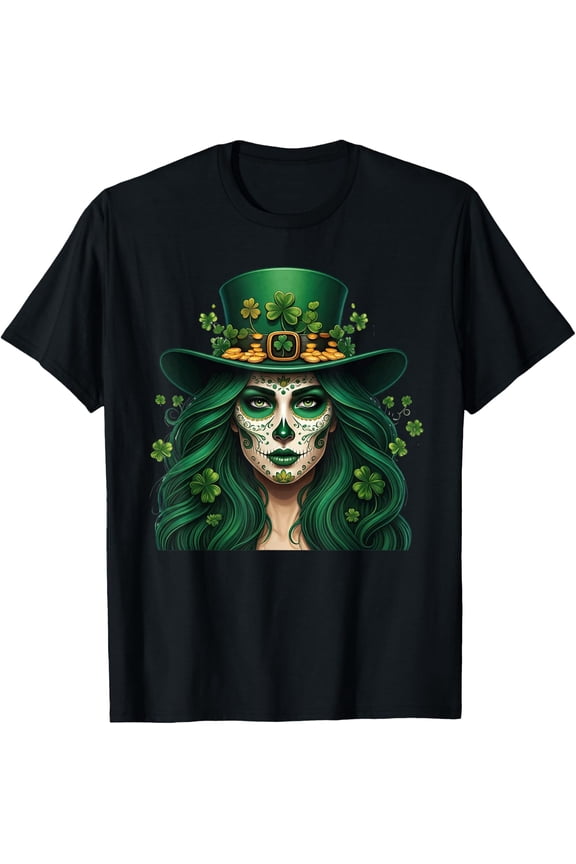 Sugar Skull St Patricks Day Irish Skull Shamrock Women T-Shirt