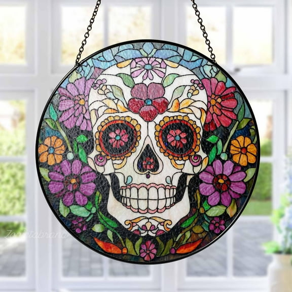 Sugar Skull Stained Glass Suncatcher, Colorful Floral Skull Window Hanging, Gothic Halloween Decor, Unique Skull Ornament Gift
